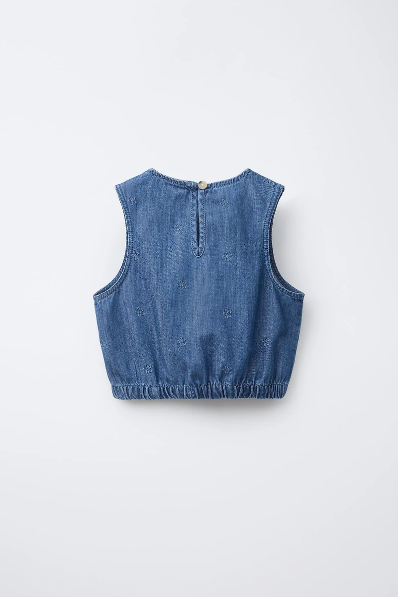 EMBROIDERED FLORAL DENIM TOP