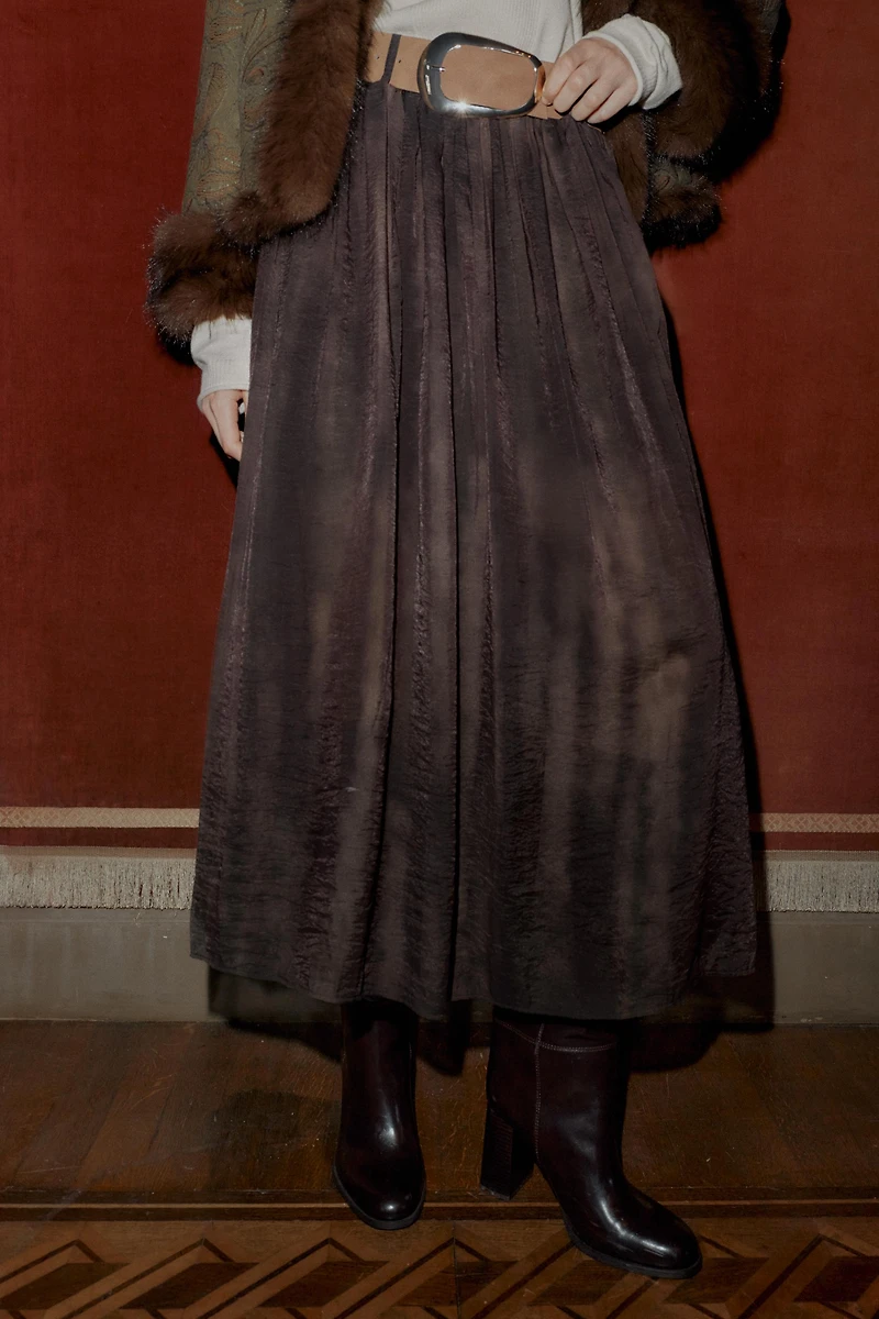 FADED PRINT BELTED MIDI SKIRT