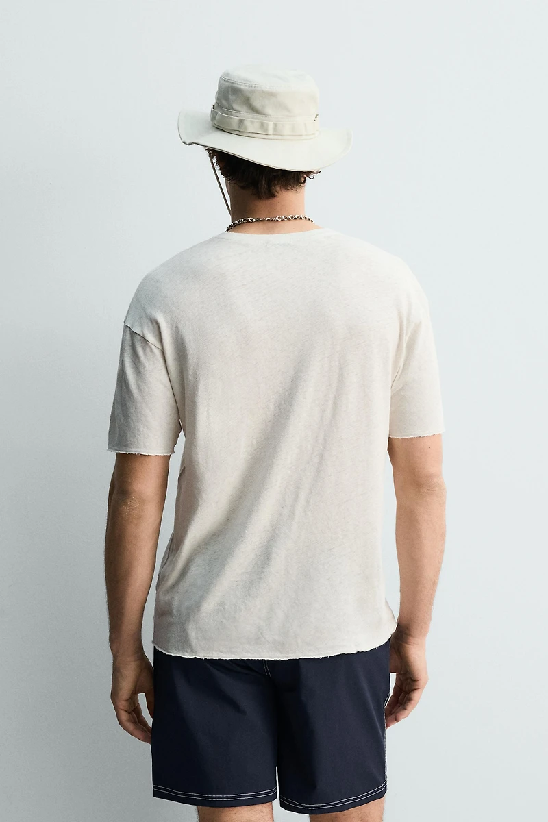 WASHED COTTON-LINEN T-SHIRT WITH TEXT