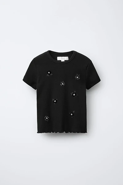 RIB T-SHIRT WITH BEADED FLOWERS