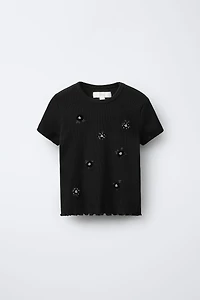 RIB T-SHIRT WITH BEADED FLOWERS