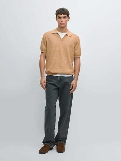 Textured knit cotton and linen blend polo shirt
