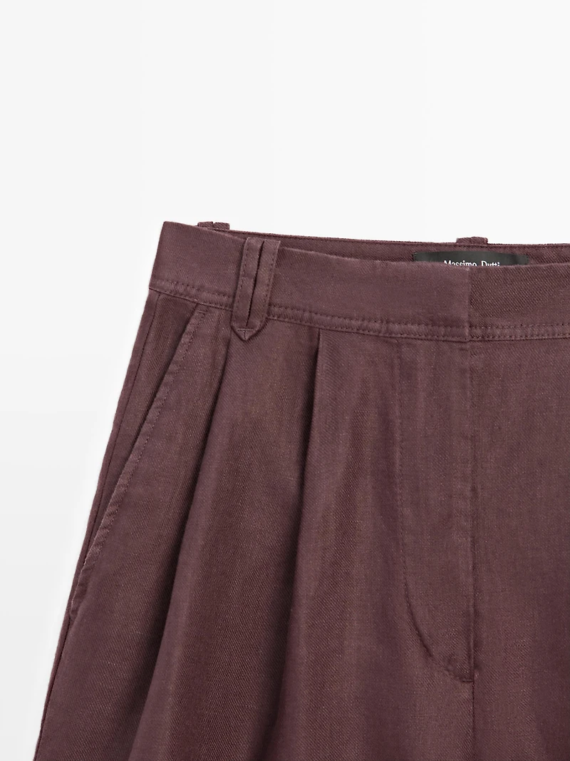 100% linen short pleated Bermuda shorts