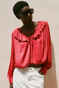 RUFFLED SATIN EFFECT BLOUSE WITH SHOULDER PADS
