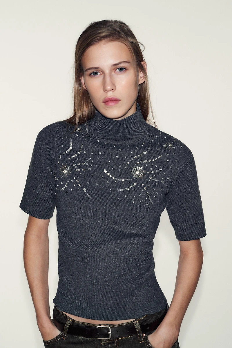 SHORT SLEEVE BEADED KNIT JUMPER