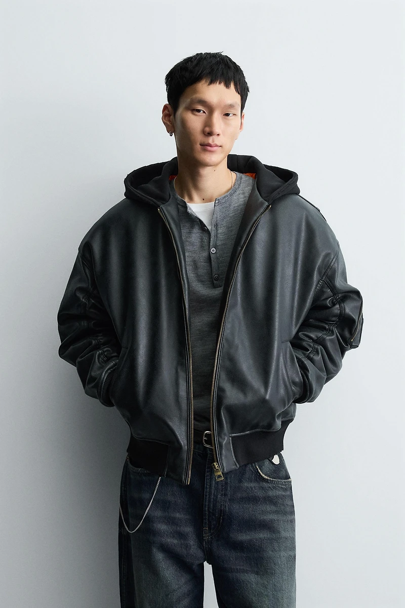 COMBINATION HOODIE FAUX LEATHER JACKET