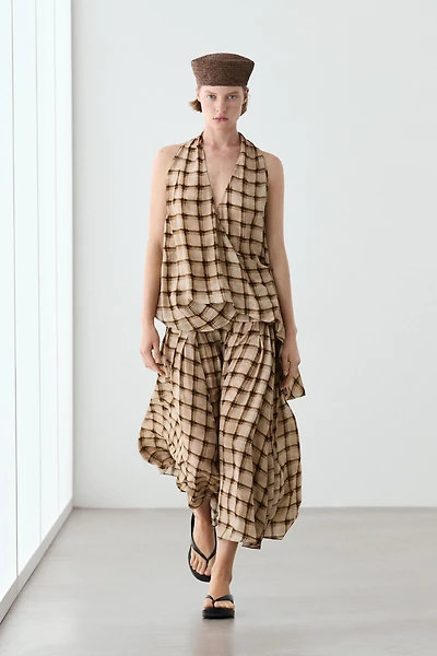 Flowing check print surplice top