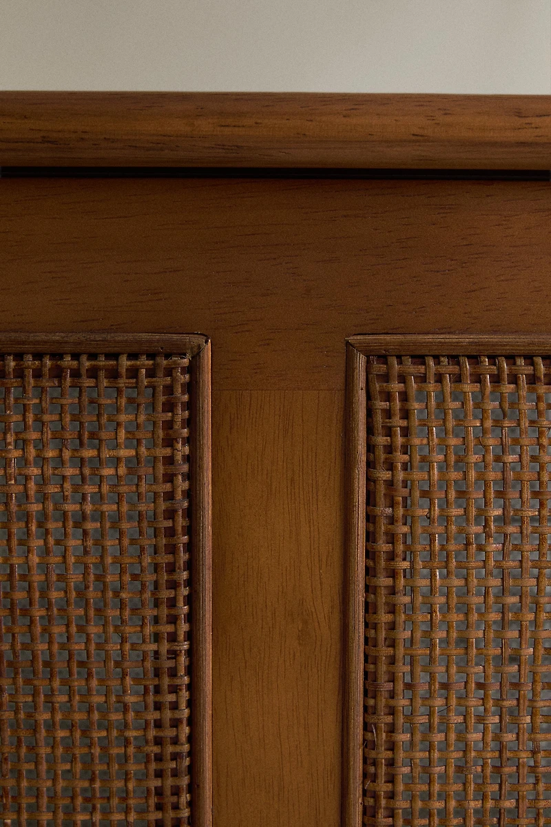 WOOD AND RATTAN BENCH