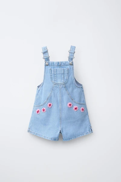 CROCHET FLORAL DENIM OVERALL SHORTS