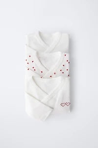 THREE-PACK OF KIMONO COLLAR HEARTS BODYSUITS