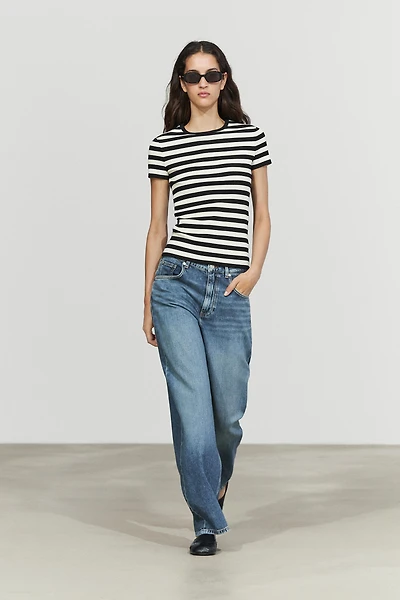 Short sleeve striped cotton blend T-shirt