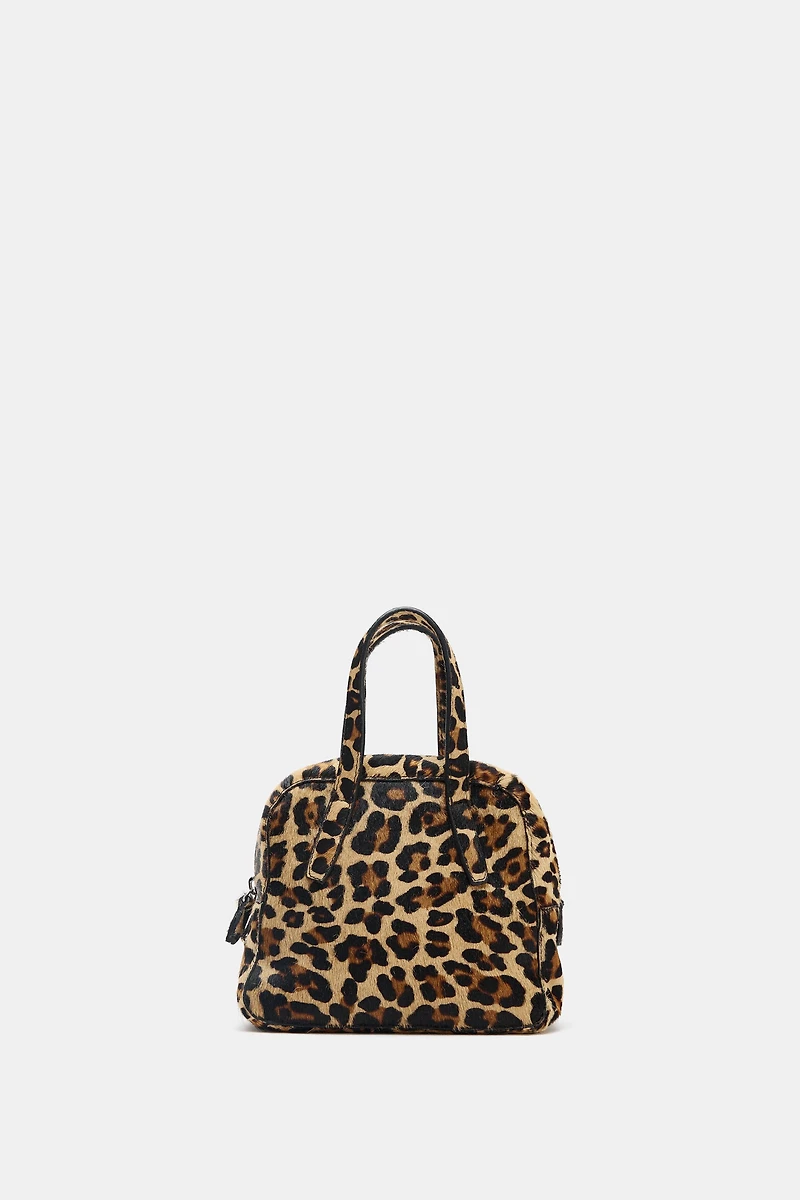 SAC MINI BOWLING EN CUIR À IMPRIMÉ ANIMALIER AVEC EFFET FOURRURE