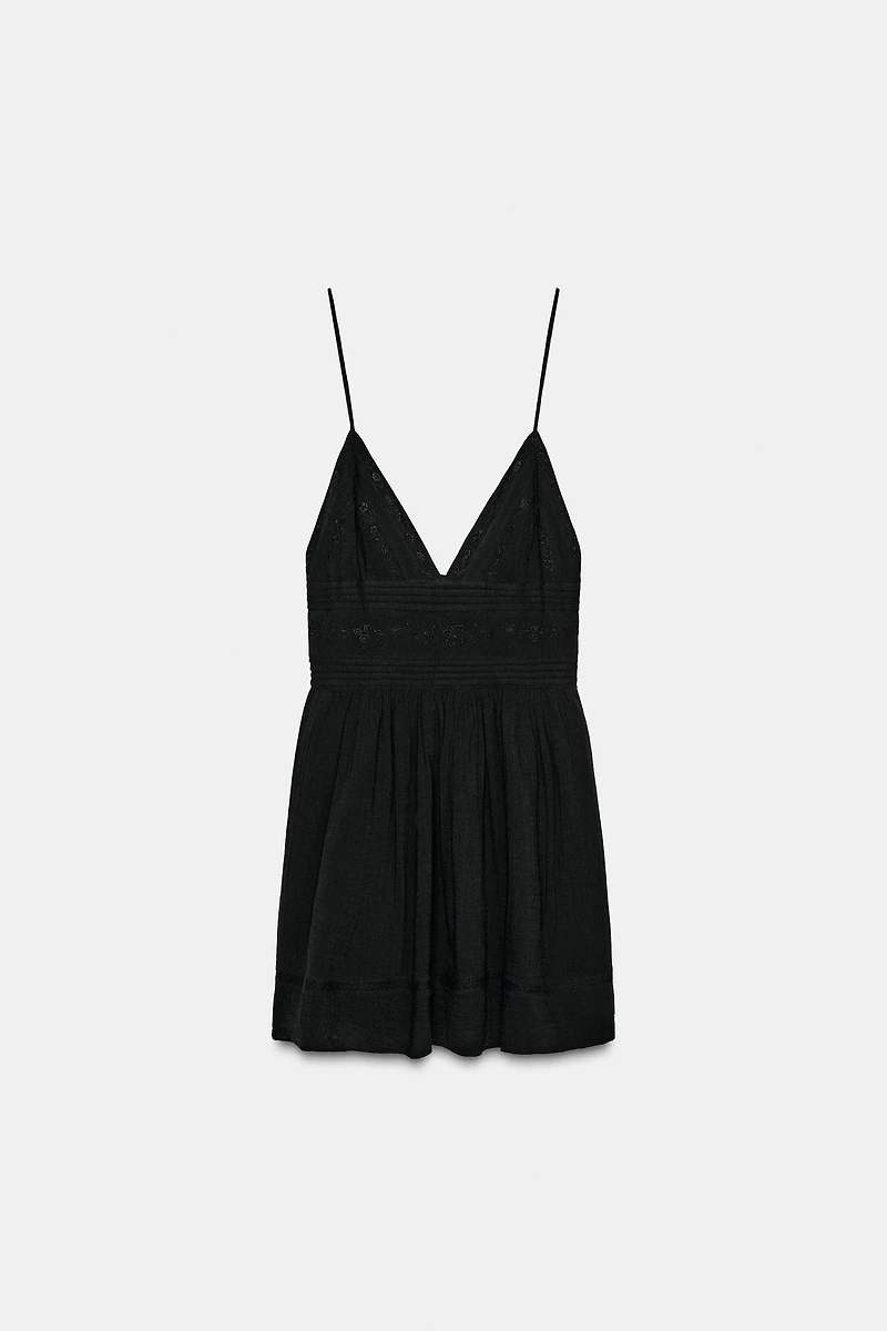 EMBROIDERED STRAP MINI DRESS