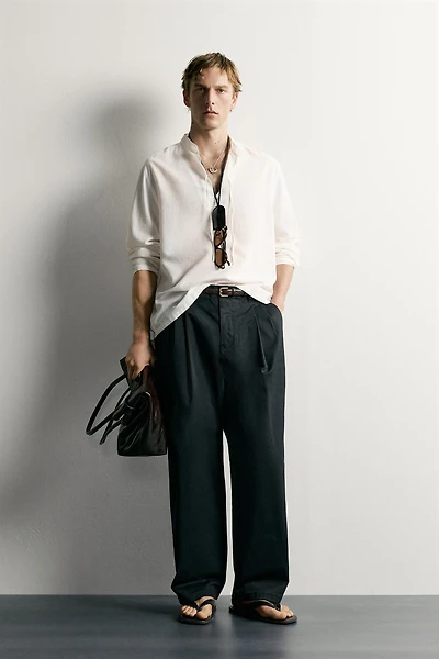 COTTON VISCOSE TIE DETAIL RELAXED FIT SHIRT
