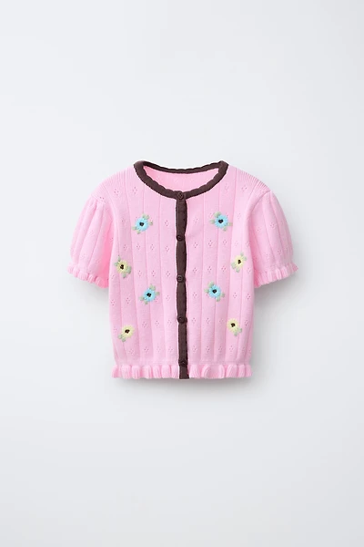 EMBROIDERED FLORAL CONTRAST KNIT TOP
