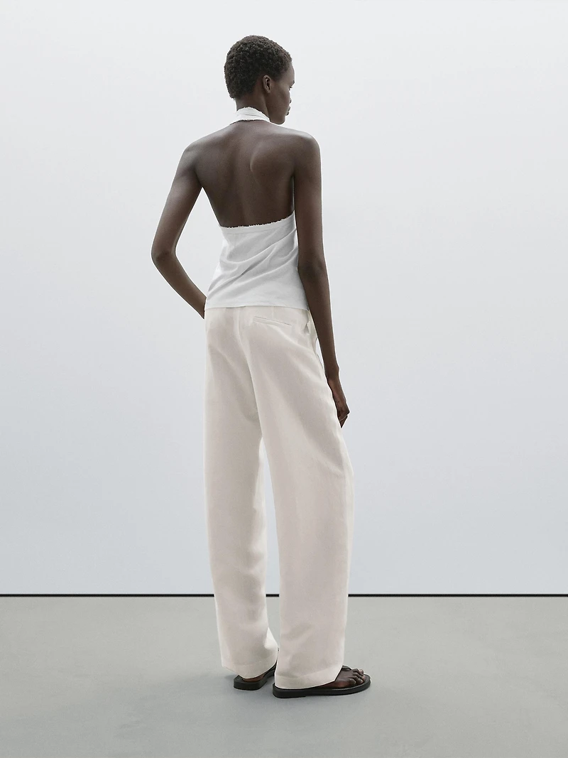Straight fit flowing linen blend trousers