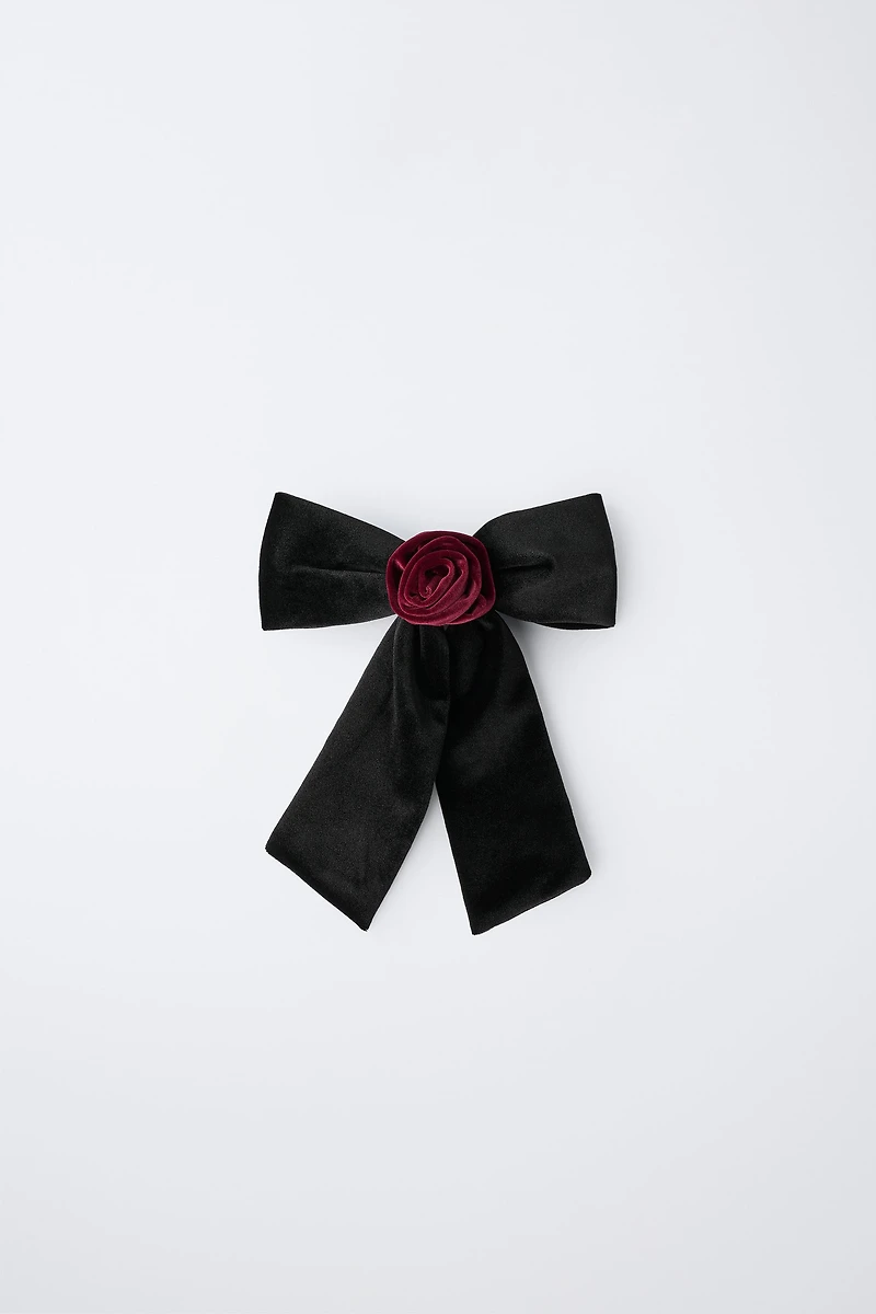 VELVET BOW AND FLOWER BARRETTE