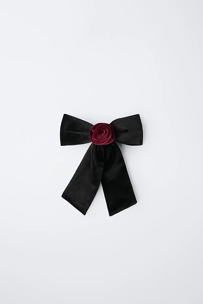 VELVET BOW AND FLOWER BARRETTE