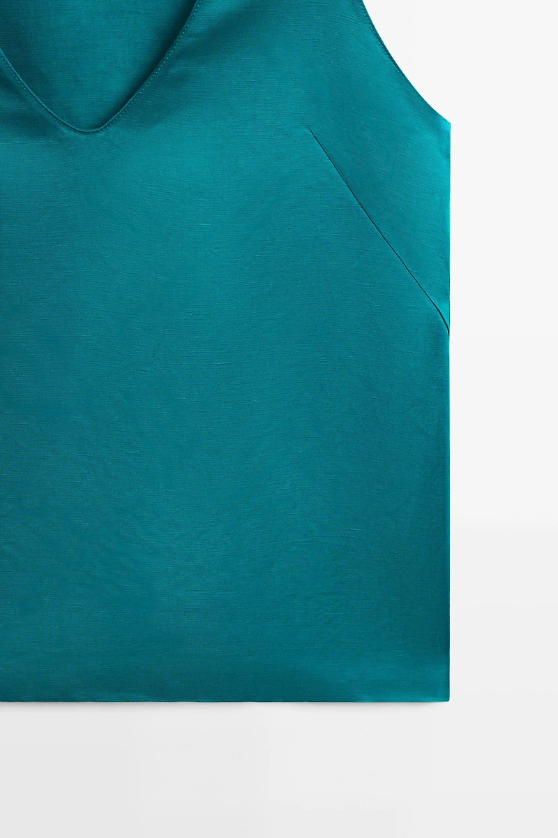 Satin linen blend V-neck top