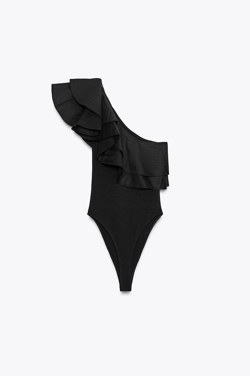 ASYMMETRIC BODYSUIT WITH CONTRASTING RUFFLE
