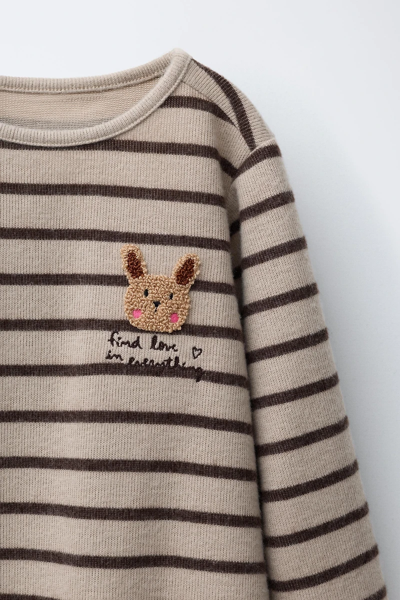 SOFT TOUCH STRIPED DRESS WITH RUFFLED APPLIQUÉ