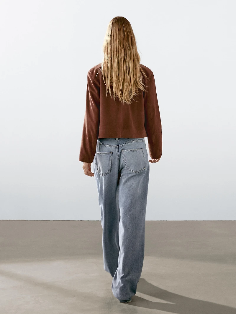 Cropped suede leather-lined jacket with buttons