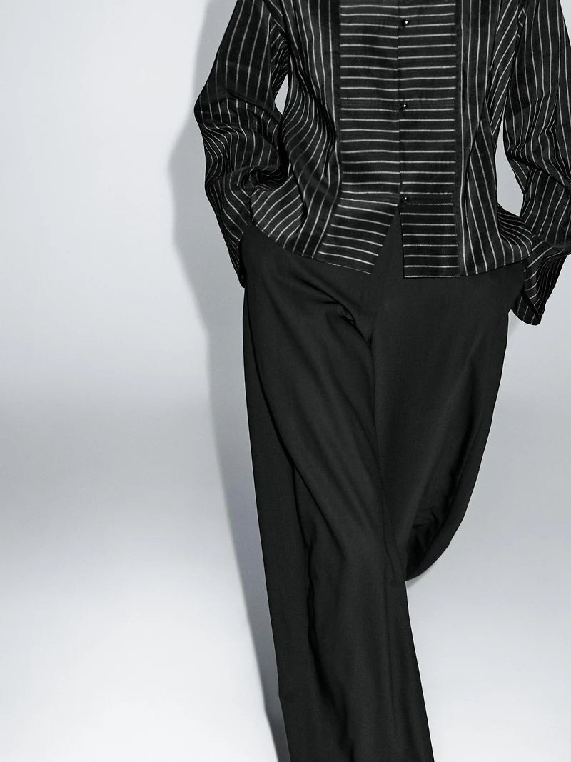 Striped shirt with stand collar and bib detail