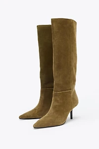 SPLIT LEATHER KITTEN HEEL BOOTS