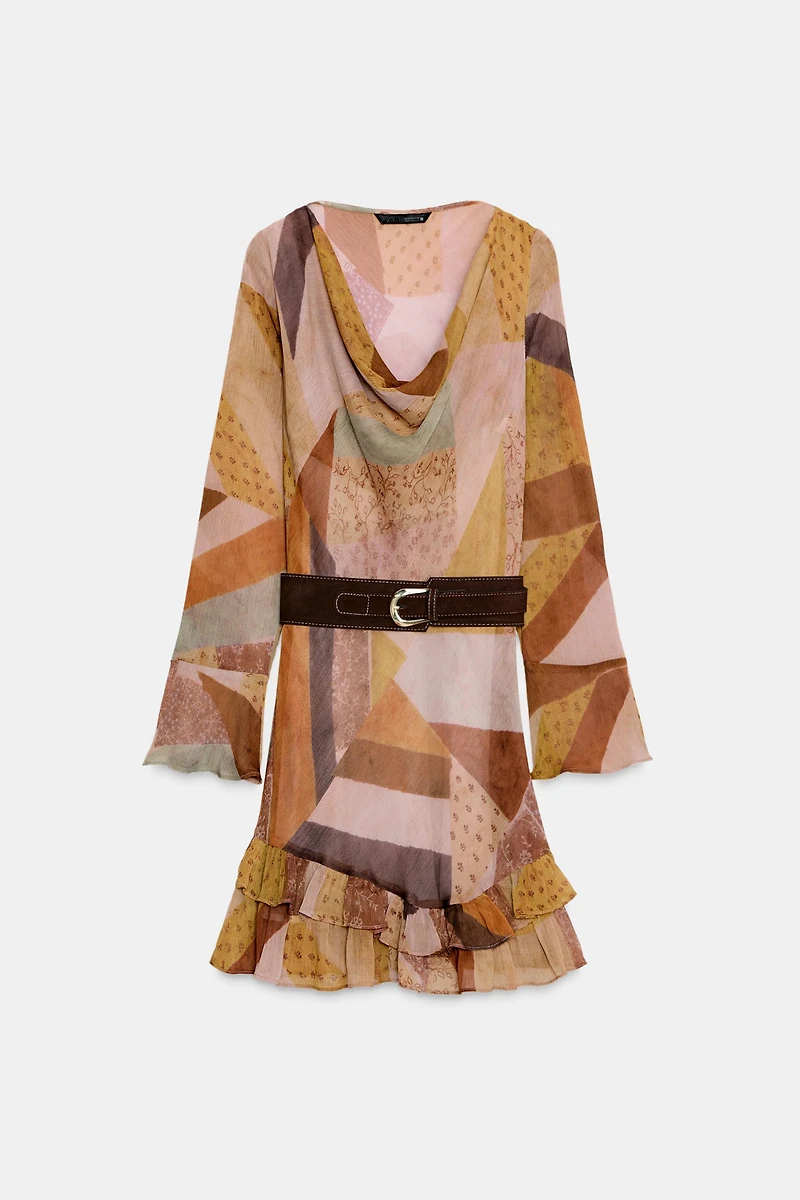 PATCHWORK PRINT BELTED MINI DRESS