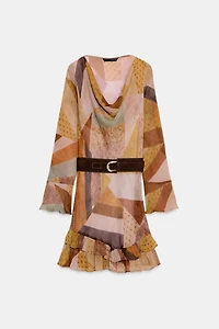 PATCHWORK PRINT BELTED MINI DRESS