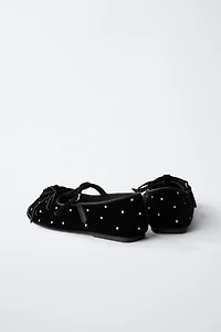 VELVET T-BAR BALLET FLATS WITH BOW