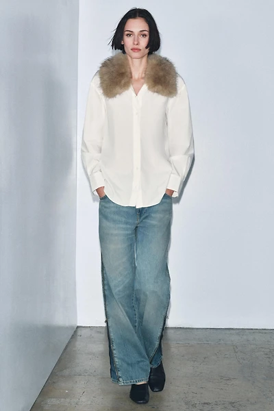 ZW COLLECTION FAUX FUR COLLAR POPLIN SHIRT