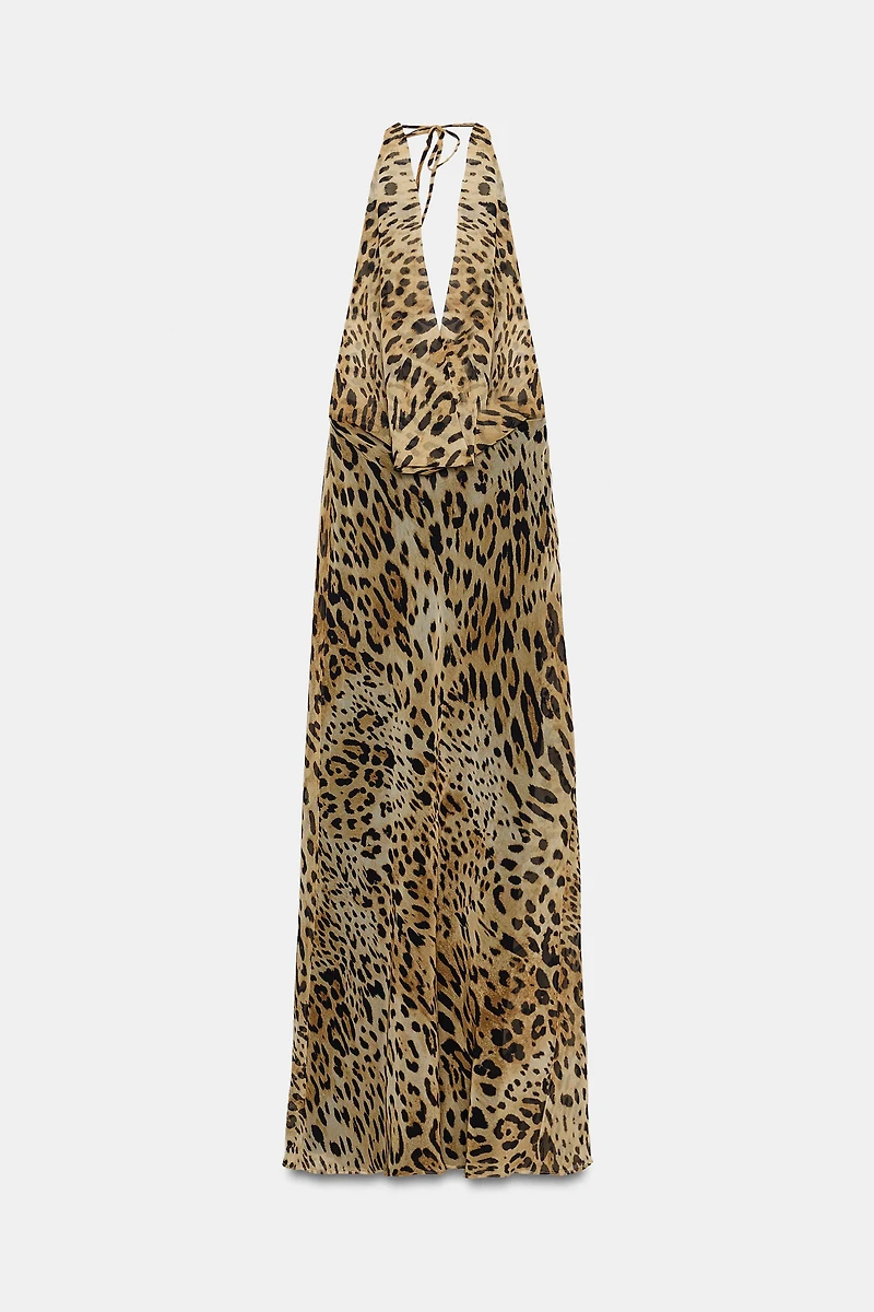 ROBE LONGUE HALTER EN GEORGETTE À IMPRIMÉ ANIMALIER
