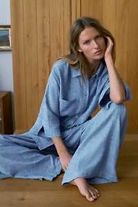 LINEN WIDE LEG PLEATED PANTS