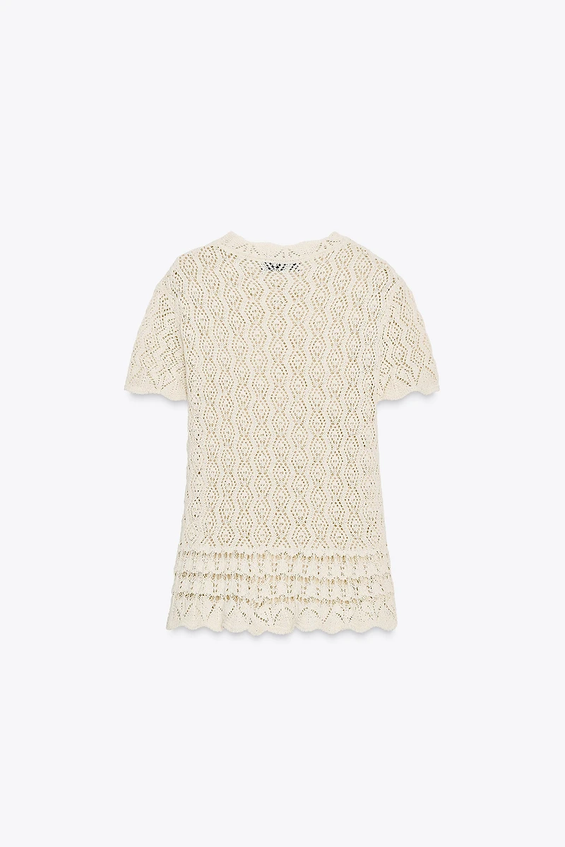 SHORT SLEEVE POINTELLE KNIT TOP