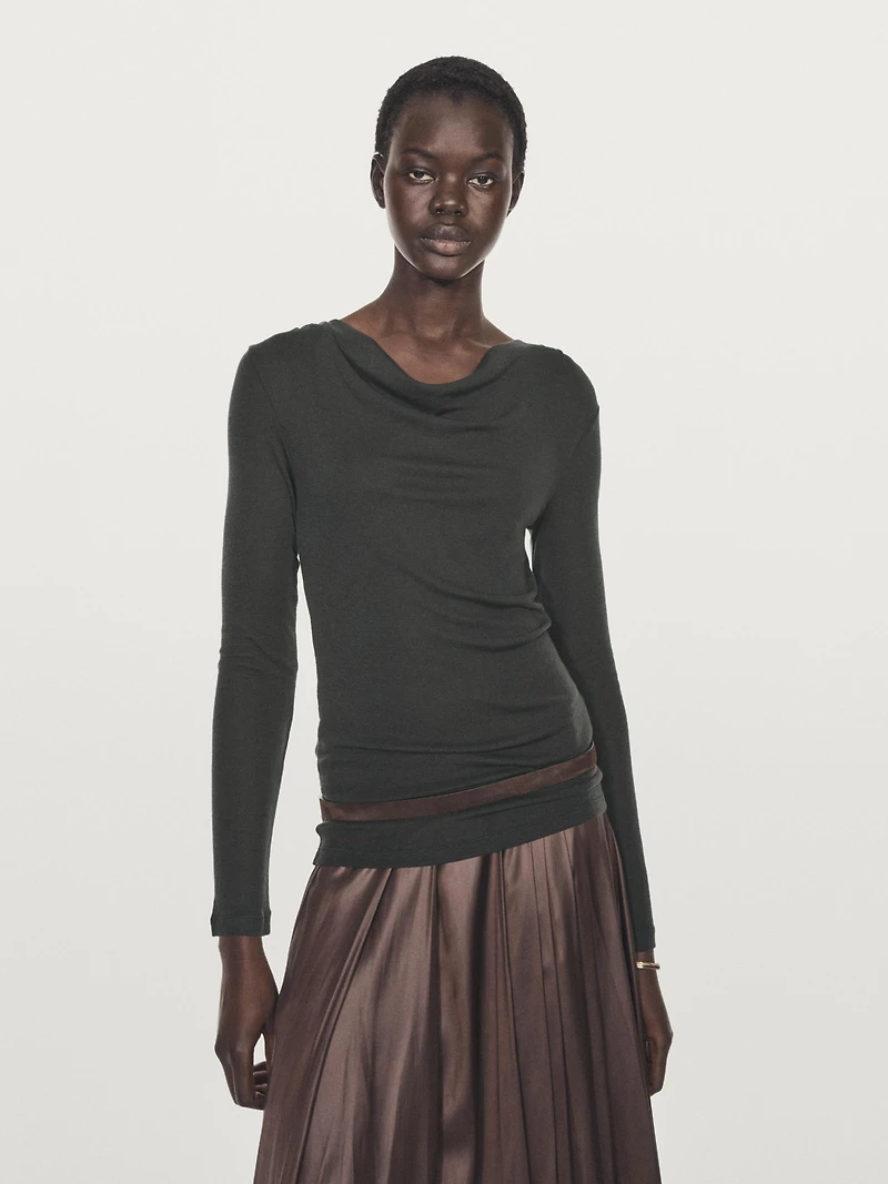 Long sleeve T-shirt with draped neckline