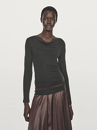 Long sleeve T-shirt with draped neckline