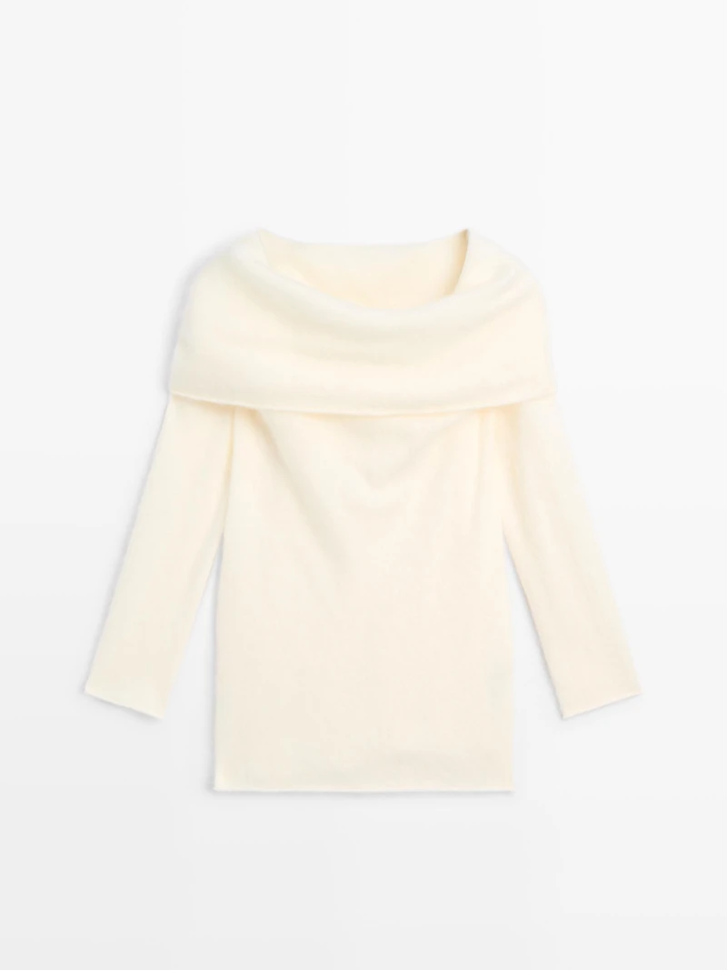 Knit wool and cashmere sweater with exposed shoulders