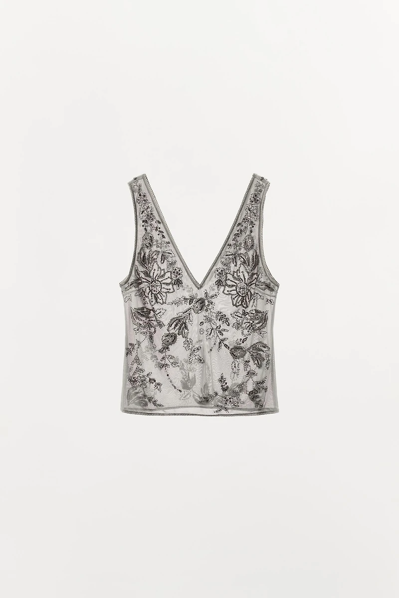 EMBROIDERED TULLE STRAPPY TOP