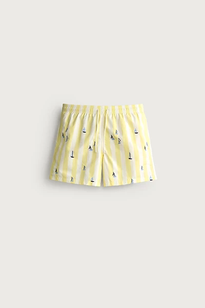 MAILLOT DE BAIN MI-LONG À RAYURES ET BRODERIE BATEAUX