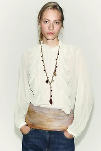 COTTON GAUZE LACE TRIM RUFFLED BLOUSE