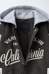 BLOUSON BOMBER À CAPUCHE MATIÈRE SYNTHÉTIQUE