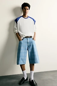 PRINTED WASHED DENIM JORTS