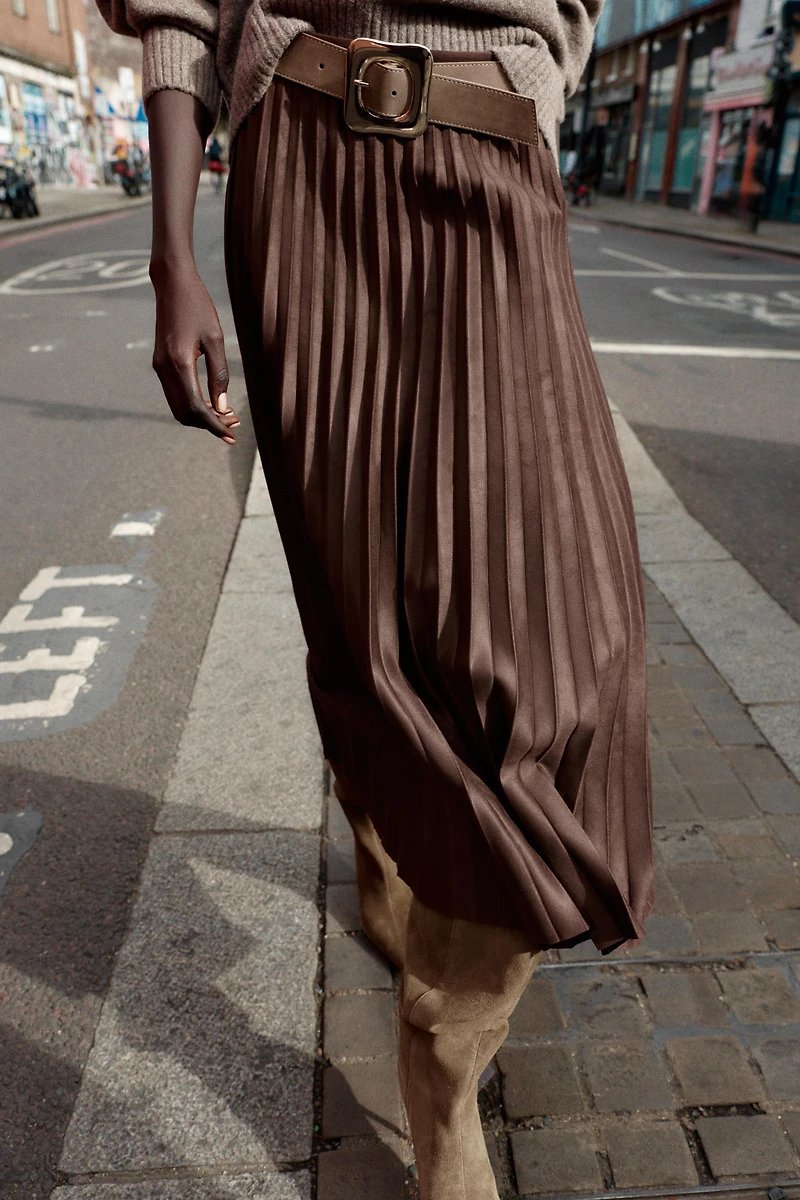 BELTED FAUX SUEDE EFFECT PLEATED MIDI SKIRT