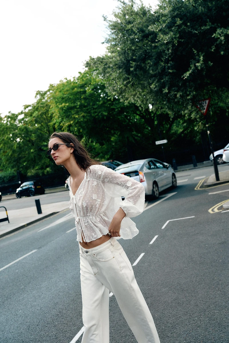 EMBROIDERED DOTTED MESH BLOUSE