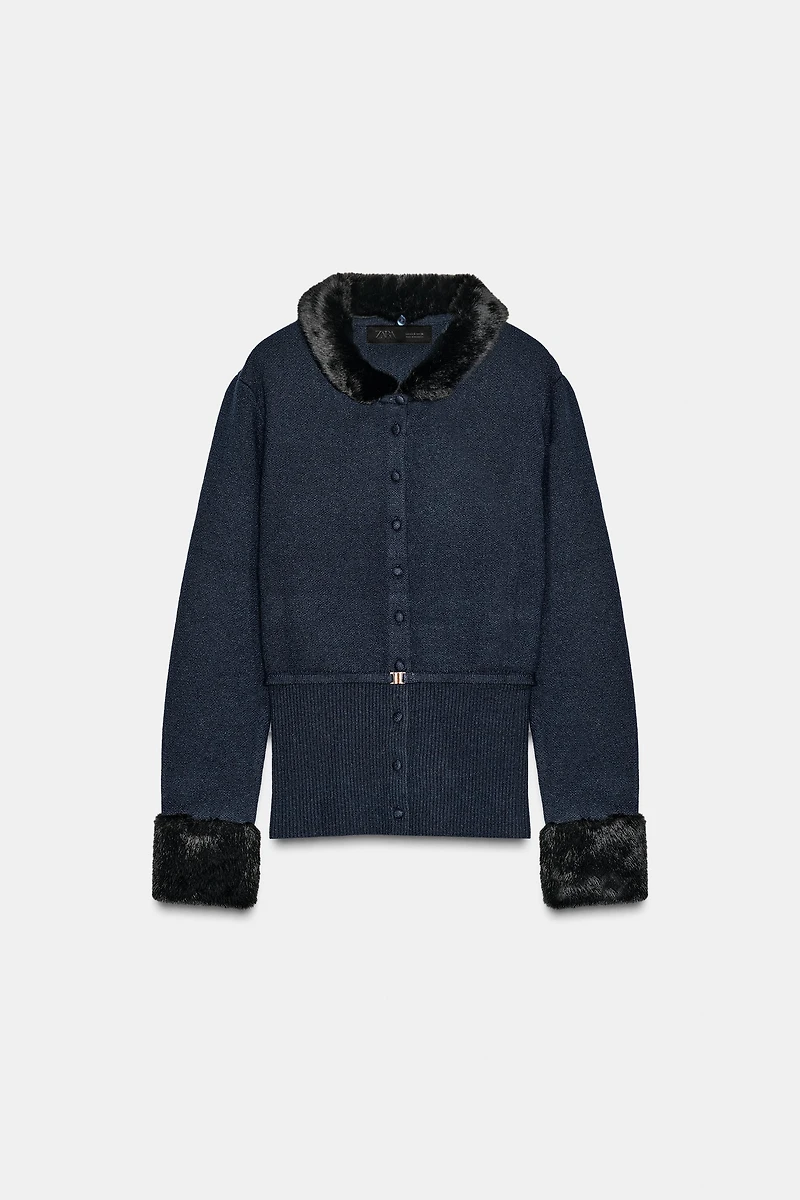 FAUX FUR TRIM COMBINATION CARDIGAN