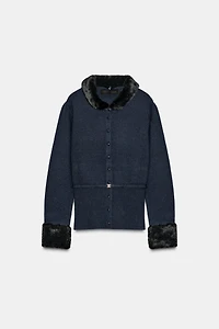 FAUX FUR TRIM COMBINATION CARDIGAN