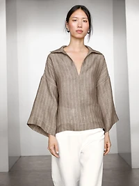 Striped linen open neck blouse