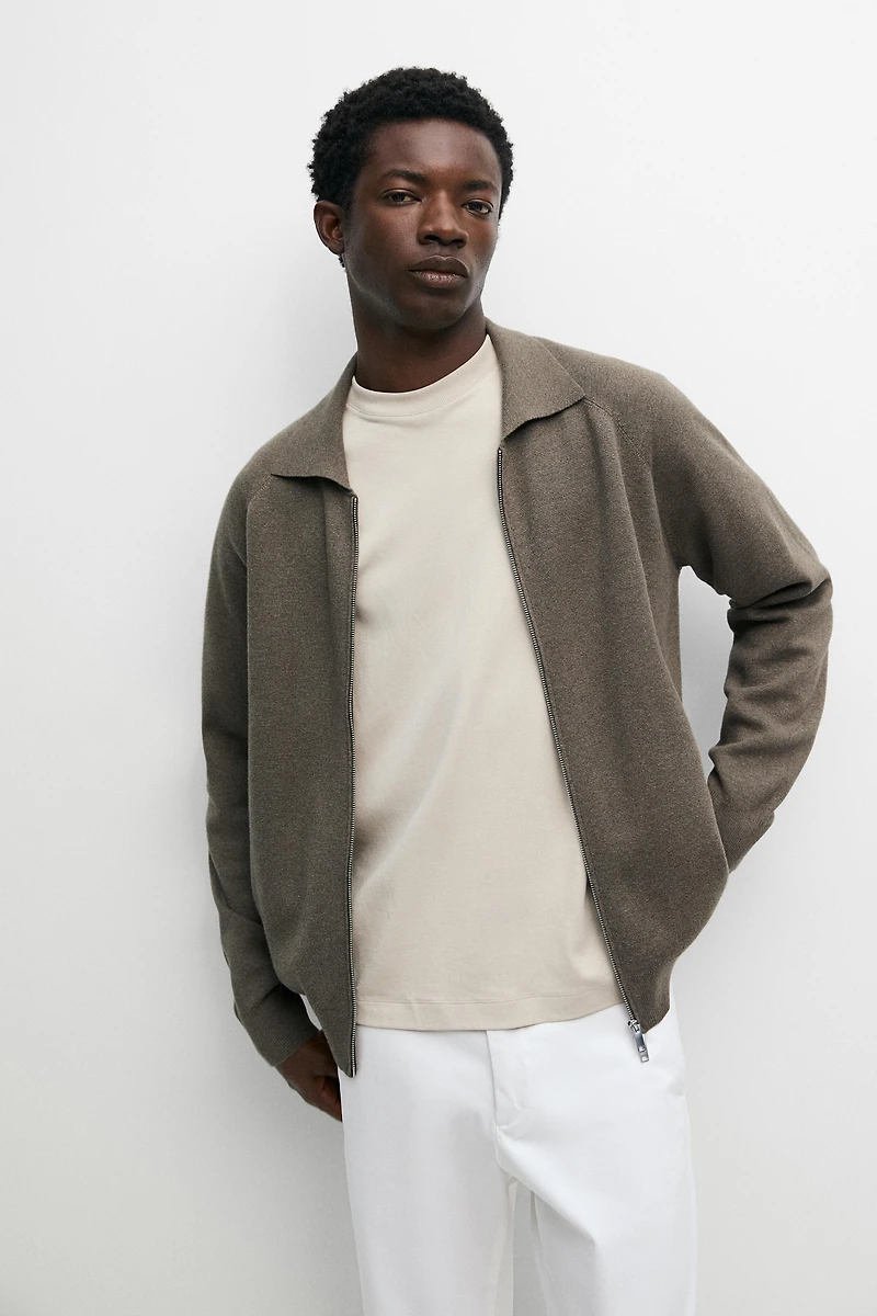 Cotton blend zip-up knit cardigan