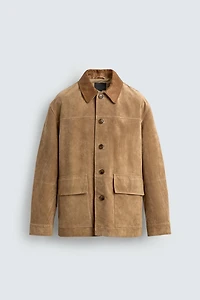 VESTE EN CUIR VELOURS AVEC COL BIMATIÈRE